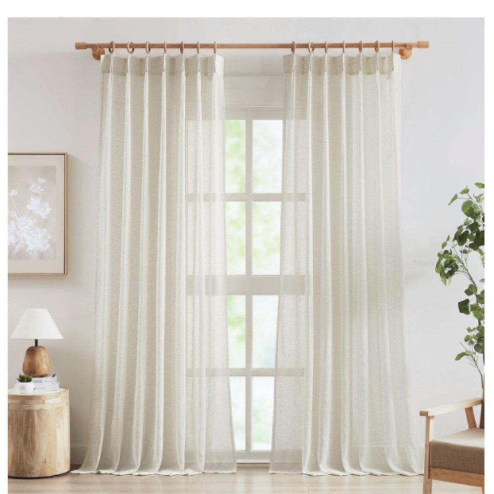 Beige Linen Sheer Pinch Pleat Curtains 52x90” (2 panels)